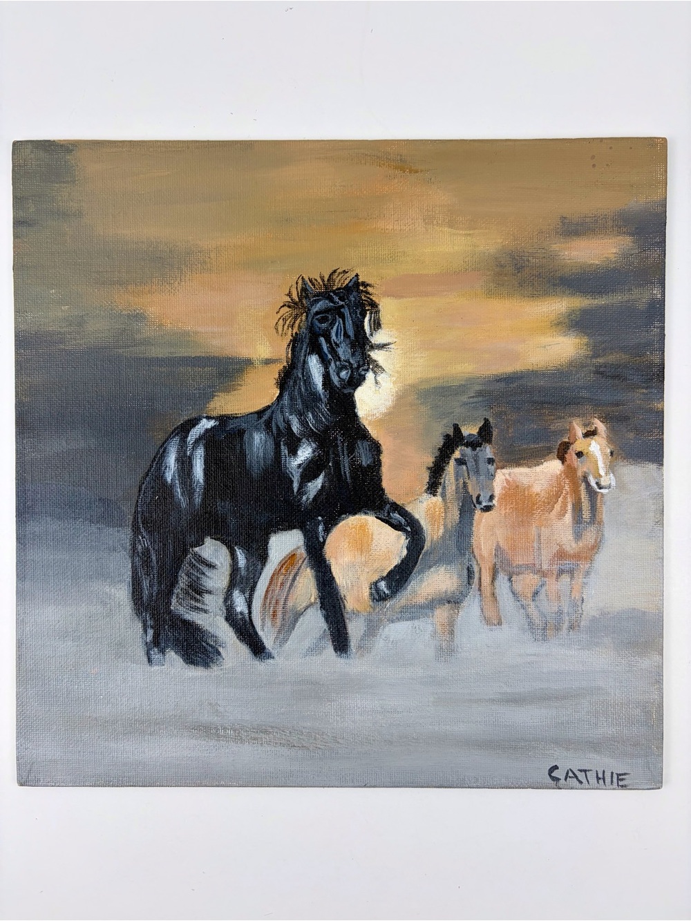 Horses Painting Original Art Unframed Painting 10 x 10 in Signed